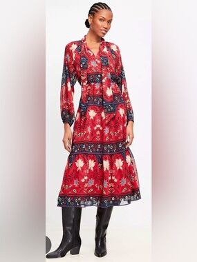 NWT Loft Floral Bow Tiered Midi Dress